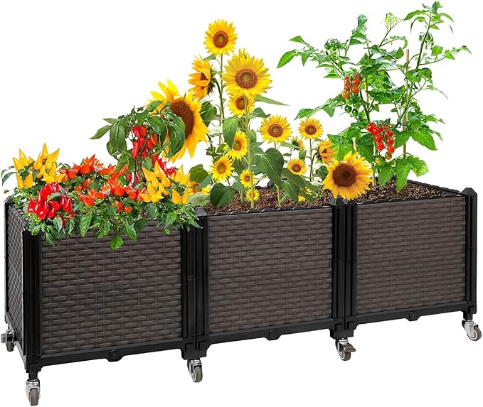 Raised Plant Box with Wheels 47.2x15.7x16.1 Raised Beds for Gardening Self Watering Durable Metal Lockable Casters Rectangular Garden Planter Perfect for Garden Patio Balcony Deck