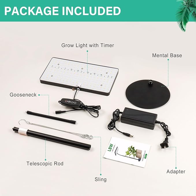 LBW Desk Grow Light Full Spectrum Plant Light for Indoor Plants Grow Lamps with 4/8/12H Timer 10-26 Height Adjustable 6 Brightness Levels