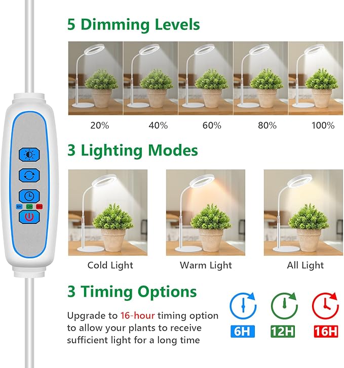 Grow Lights for Indoor Plants 80 LED Full Spectrum Desk Plant Light for Growing Small Plant Height Adjustable 24.5 Halo Grow Lamp with Base 6/12/16H Timer 3 Light Modes 5 Dimming