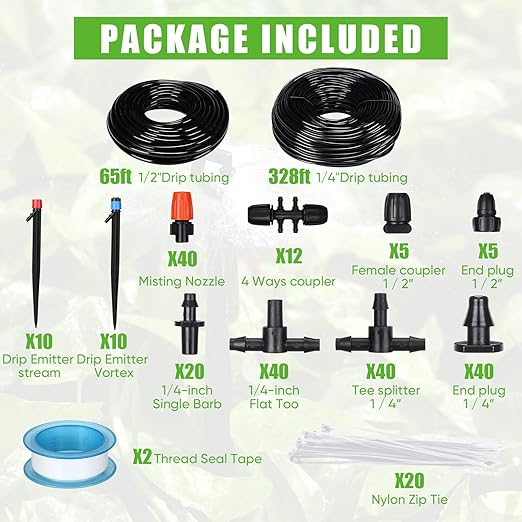 Yaomiao 394 ft Drip Irrigation System Kit 1/2 Inch Hose 1/4 Inch Distribution Tubing Drip Emitters Adjustable Misting Nozzle Barbed Fittings Patio Misting Plant Watering System for Garden Yard Lawn