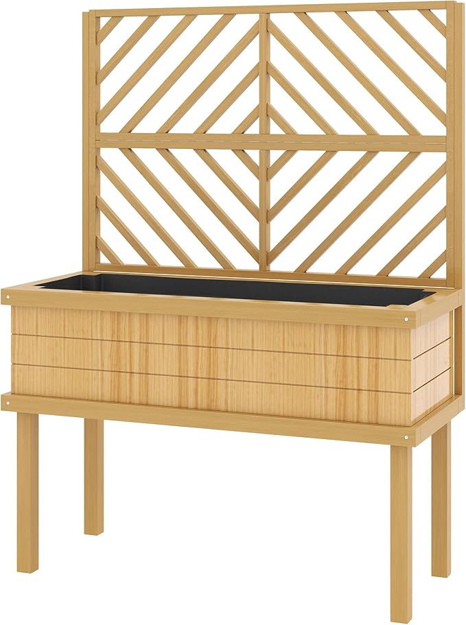 Wooden Planter Box with Trellis Elevated Raised Garden Bed for Climbing Plants Fir Wood Flower Shelf with Drainage Holes Natural 41.25 W x 17.75 D x 55 H
