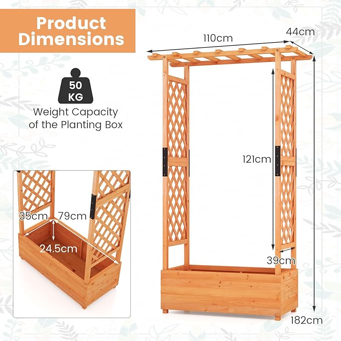 Raised Garden Bed with Trellis Set of 2 Wood Garden Planter w/Hanging Roof Drainage Holes for Vine Climbing Plants Elevated Planter Box for Patio Yard 43.5 x 17.5 x 72