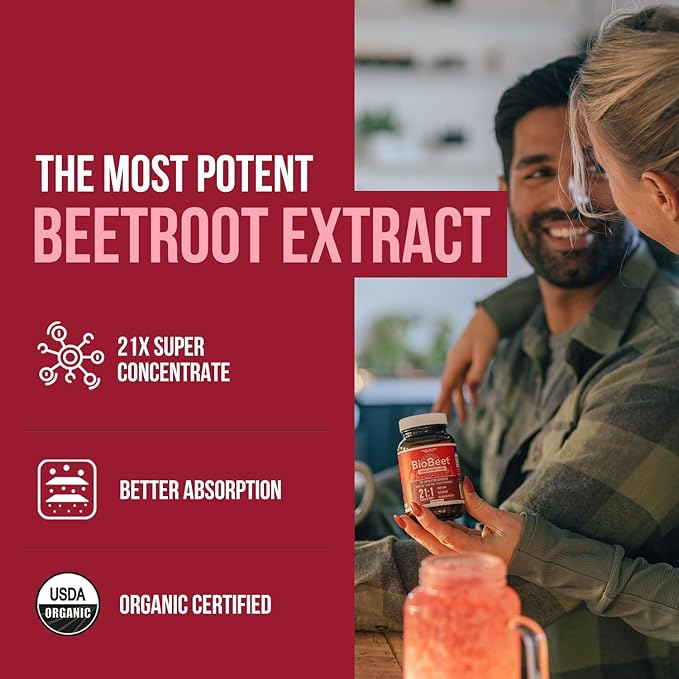 BioBeet® Max Strength Beet Root Capsules - 21:1 Concentrate Each Serving Derived from 28350 mg Organic Beetroot - Absorption Enhancement with BioPerine® Black Pepper Extract (60 Capsules)