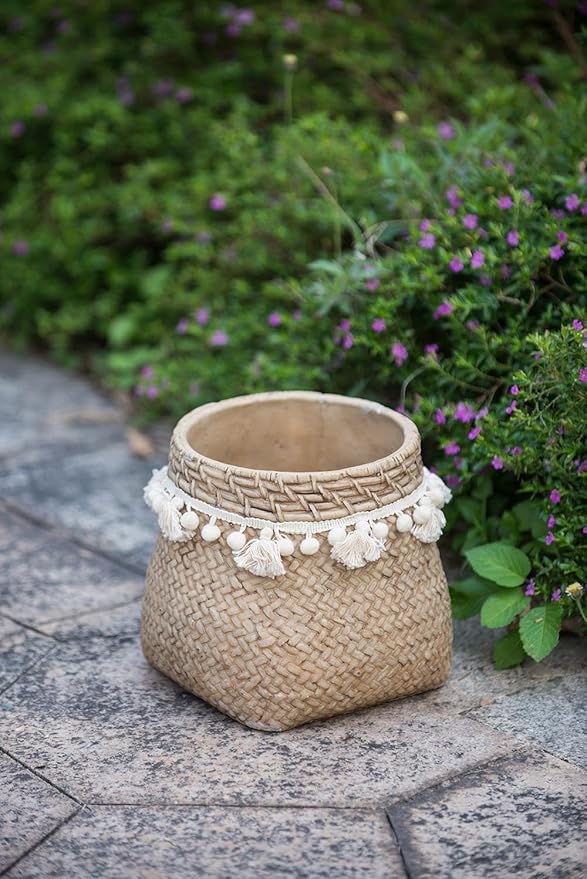 Set of 2 6.5x6.5x6 Brown Cement Planter with Woven Tassel Accent