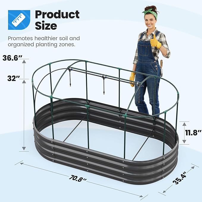 Quictent Galvanized Raised Garden Bed Kit with Self Watering System and Mesh Cover Large Oval Metal Outdoor Planter Garden Boxes for Vegetables Herbs Flowers 6x3x1Ft