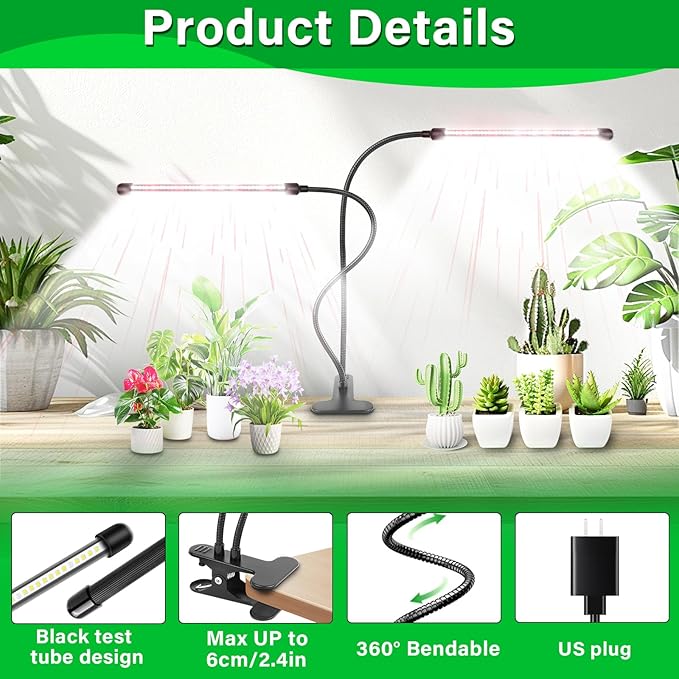 AUXTINGS LED Plant Grow Light6000K Full Spectrum Clip 3 Heads Plant Growing Lamp with White Red LEDs for Indoor Plants10 Level Dimmable &amp 3 Light Model SettingsAuto On/Off 3/9/14 Hrs Timing