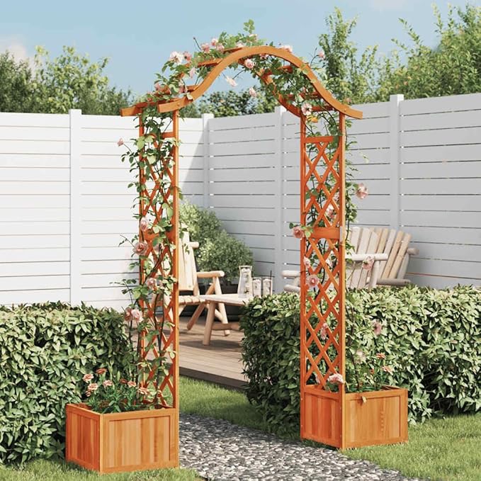 Wooden Garden Pergola with Planter Solid Firwood Planter with Trellis Outdoor Raised Garden Bed for Plants Hanging Flower Baskets Brwon-160