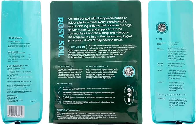 Rosy Soil Indoor Potting Soil for House Plants - Organic Potting Soil Mix for Indoor Plants - Enriched w/Root-Boosting Biochar for Foliage Plants Flowers Herbs - Peat Free Less Prone to Gnats - 8qt