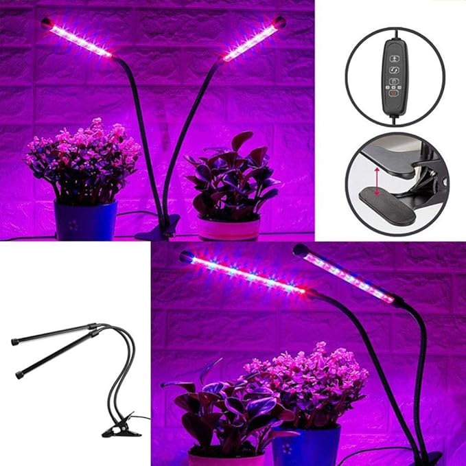Timer Dual Head LED Plant Grow Light 10W 30LED 9 Dimmable Levels Grow Lamp Bulbs with Adjustable 360 Degree Gooseneck for Indoor Plants Hydroponics Greenhouse Garden Home Office