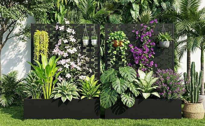 Black Metal Raised Garden Bed with Trellis 47 Tall Privacy Screen Planter Box with Drainage 47.1X16 Climbing Plant Planter for Patio Balcony Vegetables