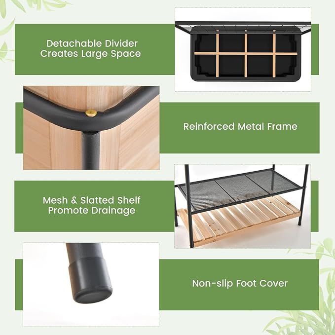 Giantex Raised Garden Bed with Trellis Elevated Wood Metal Planter Box with 2-Tier Storage Shelves Grid Divider Drain Hole &amp Black Liner Freestanding Garden Planter for Herb Vegetable Fruit Fl