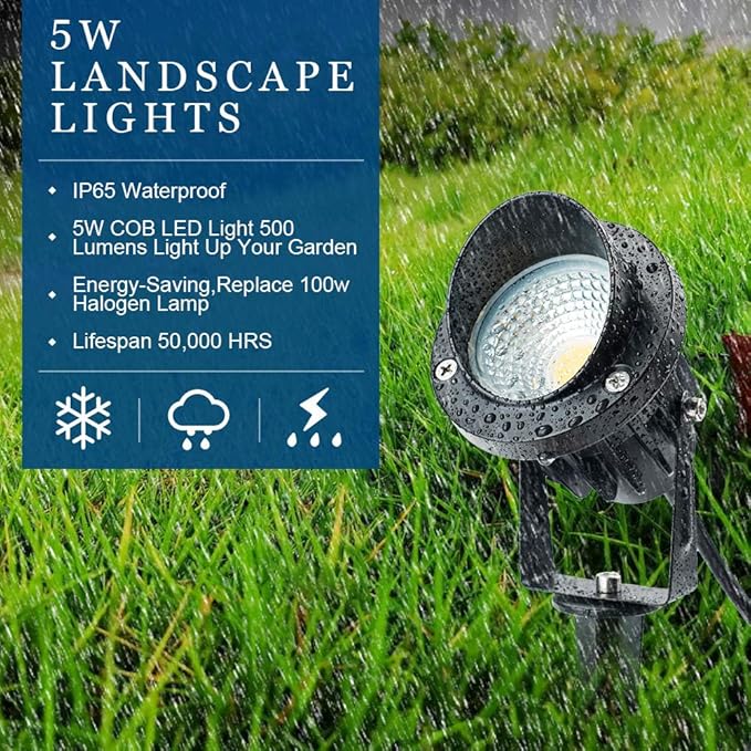 5W Low Voltage LED Landscape Lights12V/24V AC/DC Landscape LightingOutdoor Lawn Tree Flag Spotlights with Spike StandIP65 Waterproof Garden Pathway Lights (8 Pack Warm White with Connector)