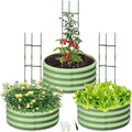 3 Pcs 2x2x1ft Round Galvanized Raised Garden Bed Kit with Tomato Cages Metal Planter Box Outdoor Raised Garden Beds for Gardening Vegetables Flowers Green