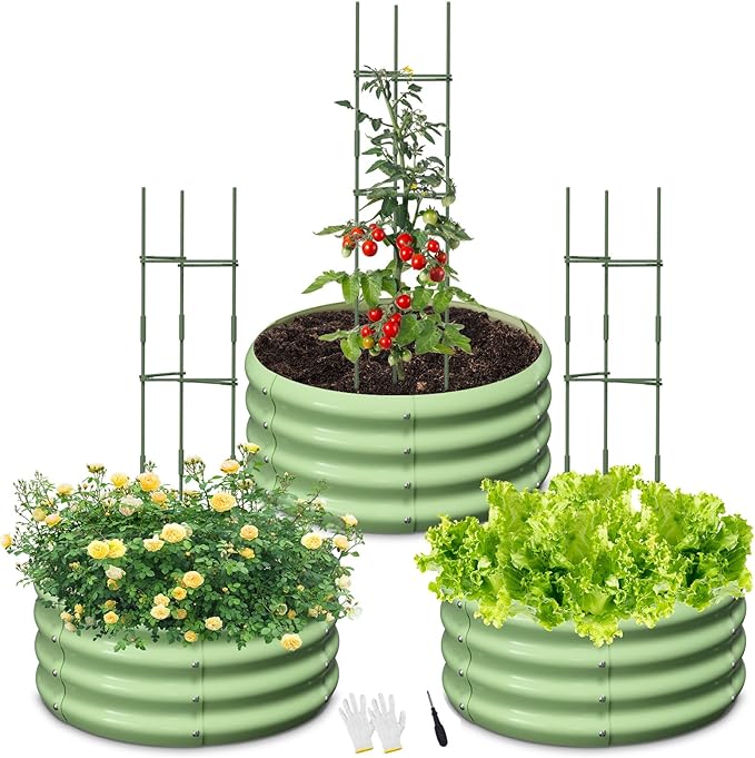 3 Pcs 2x2x1ft Round Galvanized Raised Garden Bed Kit with Tomato Cages Metal Planter Box Outdoor Raised Garden Beds for Gardening Vegetables Flowers Green