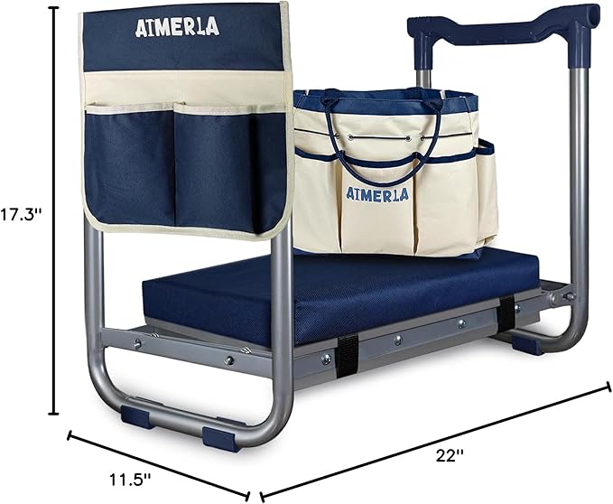 Aimerla K5 Foldable Kneeler Seat - Heavy Duty (Detachable Cloud Kneeler Pad) - Garden Stool - 2 Large Tool Bags - Portable Bench for Indoor &amp Outdoor