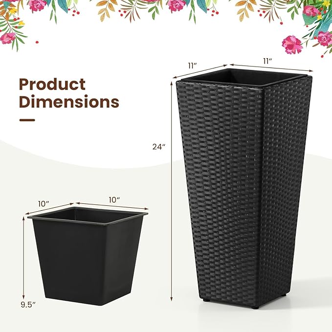 Giantex Tall Planters Set of 2 24”H Tapered Rattan Planter with Detachable Inner Boxes Indoor Outdoor Standing Wicker Flower Pots for Front Porch Patio Balcony Black