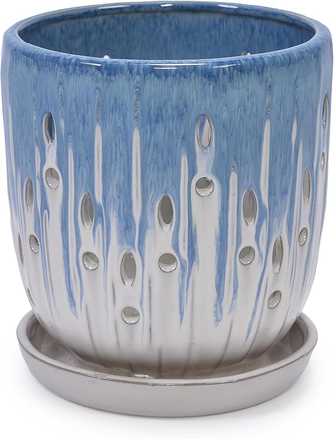 Handmade Blue White Gradient Ceramic Planter Set (7.48×8.07 5.51×6.1) IndoorOutdoor Flower Pot for Orchids Succulents on Windowsill Breathable with Drainage Holes