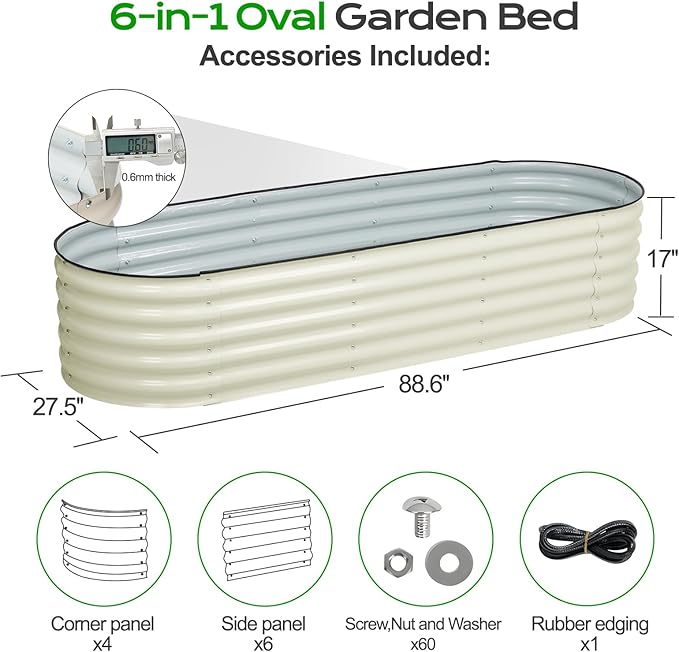 Aoodor 17 Tall Oval Galvanized Raised Garden Bed Kit 6-in-1 Large Metal Outdoor Planter Box for Vegetables Flowers and Herbs 7.5 x 2.3 x 1.5 Ft Beige