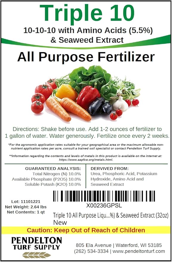 Triple 10 All Purpose Liquid Fertilizer 10-10-10 with Amino Acids (5.5%) &amp Seaweed Extract (32oz)