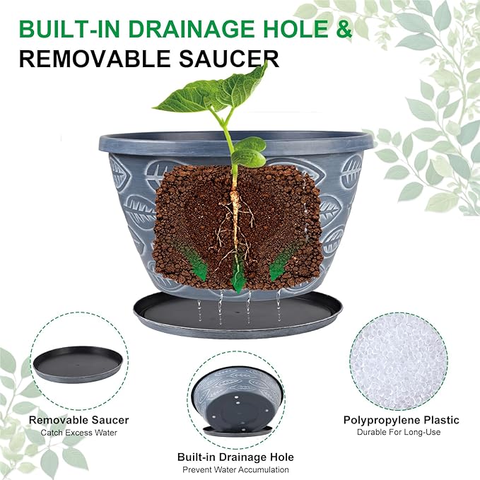 Outdoor Flower Pots for Plants Set of 3 Pack 11 Inch Planter Pot Large Plastic Plant Pots Indoor Plants with Drainage Holes &amp Trays Modern Decorative Garden Containers Sets for House(Blue)