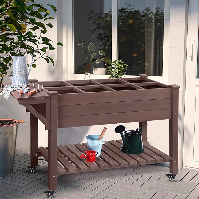 Aivituvin Raised Garden Bed on Wheels Elevated Plant Boxes Outdoor Large with Grow Grid - with Large Storage Shelf 52.7 x 22 x 30