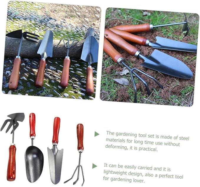 4pcs Gardening Tool Set with Small Garden Shovel Soil Scoop Hand Trowel and Three-Prong Rake Mini Iron Tools for Planting Weeding and Soil Digging in Garden and Flower Pots