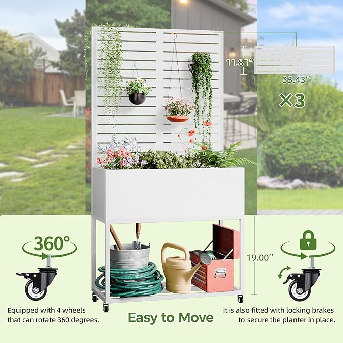 Metal Planter Box with Trellis67 H x35 W Raised Garden Beds with Privacy Screen for Climbing Plants Flower Elevated Standing Planter Garden Bed with Drainage Holes for Outdoor PatioWhite