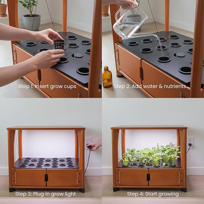 Hydroponic Home Garden with LED Grow Lights | Organic Microgreens Herbs Vegetables Fruits &amp Flowers | Real Wood Design | Stackable Mess-Free Year-Round Harvest (Natural)