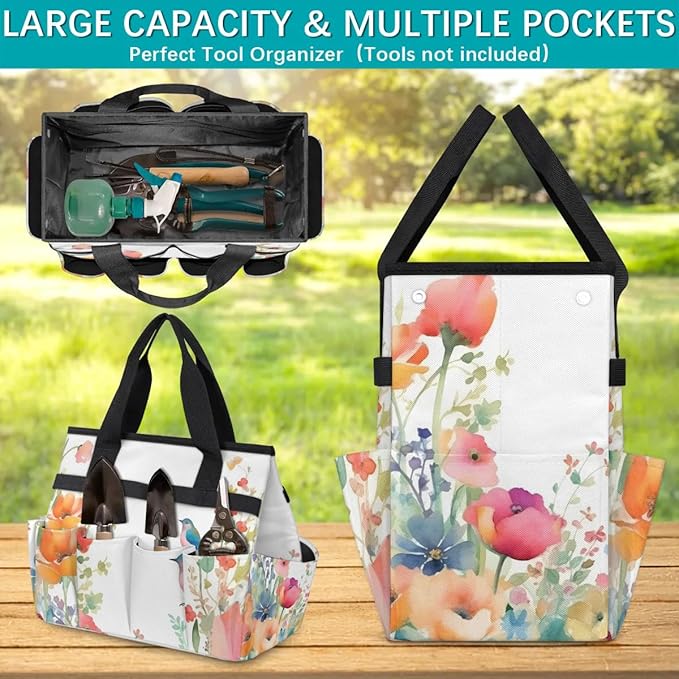 Garden Tool BagFloral Spring Flowers Bird Gardening Organizer Bag With Pockets Garden Tool Kit Storage Tote for Women Men Garden Tool Set Holder