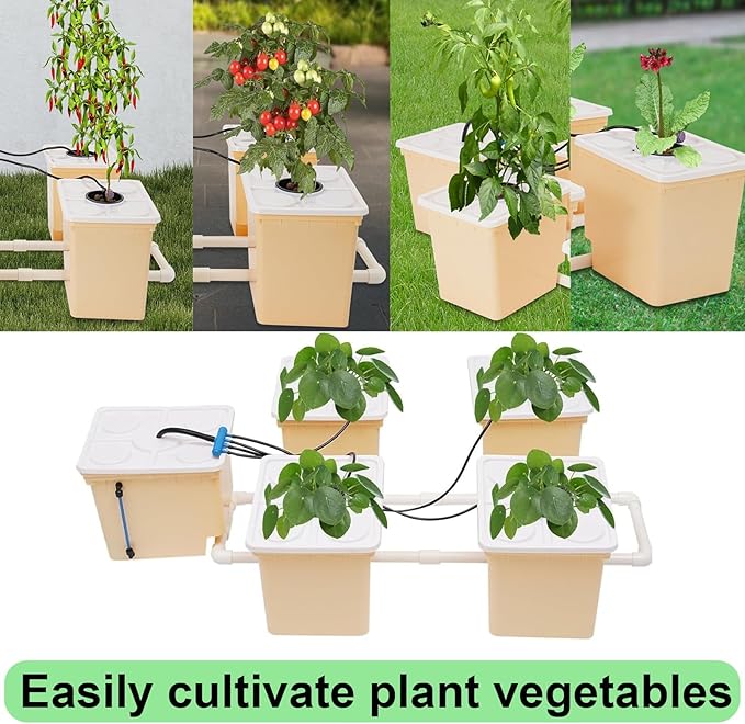 DWC Hydroponics Grow System Kit with 5-Bucket /2.91-Gallon Deep Water Culture Triangular Cover Design Recirculating Top Drip Kit 4W Air Pump with Hose（Including Cultivation Soil ）