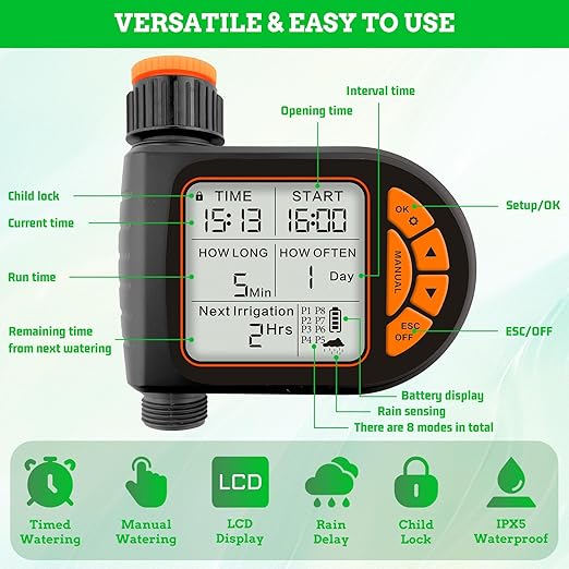 Automatic Drip Irrigation System Kit - 226FT with LCD Timer 3 Sprayer Types Automatic Garden Watering System 1/2 Inch Hose 1/4 Inch Distribution Tubing Garden Watering Solution for Outdoor Plants