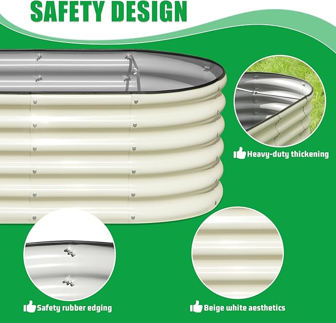 SnugNiture 4x2x1.5ft Raised Garden Bed Outdoor 17 Tall Galvanized Metal Planter Box Oval Raised Garden Bed Kit for Planting Vegetables Plants Fruits Beige White