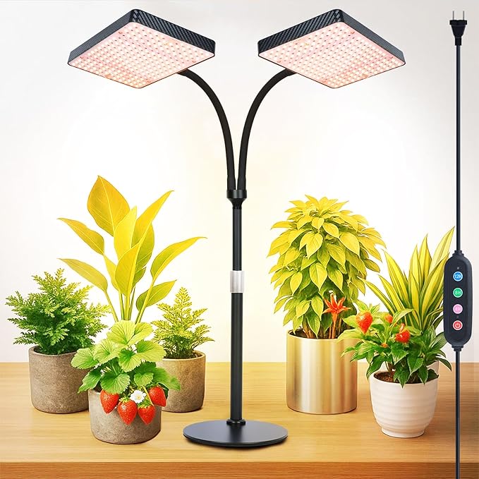 FECiDA 2026 2Head Tabletop Grow Lights for Seed Starting Indoor Plants Bonsai 50 Watt Power Draw NO Need Adapter Super Bright and Big Coverage 4/8/12/16/20 Hr Timer 16-24 Height Adjustable