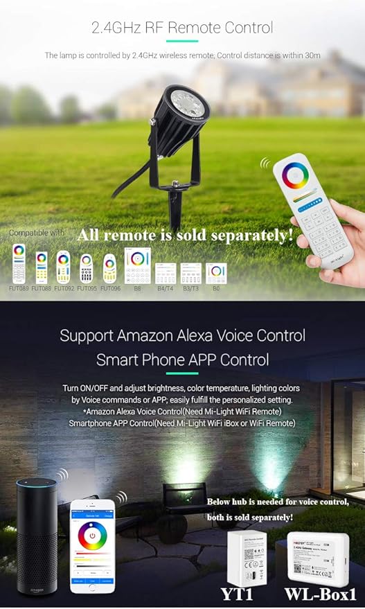 LGIDTECH FUTC04 Miboxer 6W RGB+CCT Outdoor LED Landscape Garden Spotlight AC100-240V 16 Million Colors ChangingColor Temperature AdjustableMemory Function.Smartphone Can't Control Directly