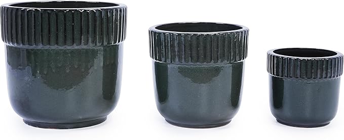 Handmade Ceramic Planter Set of 3 15149 Inch Diameter Black Ribbed Pattern for Succulents IndoorOutdoor Use on Windowsill Bookshelf Breathable Clay
