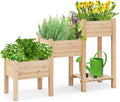 HAPPYGRILL 3-Tire Raised Garden Bed Wooden Raised Planter Box with 3 Planter Boxes Drainage Holes Open Storage Shelf Outdoor Garden Bed with Legs for Plant Fruit Vegetable Flower Herb