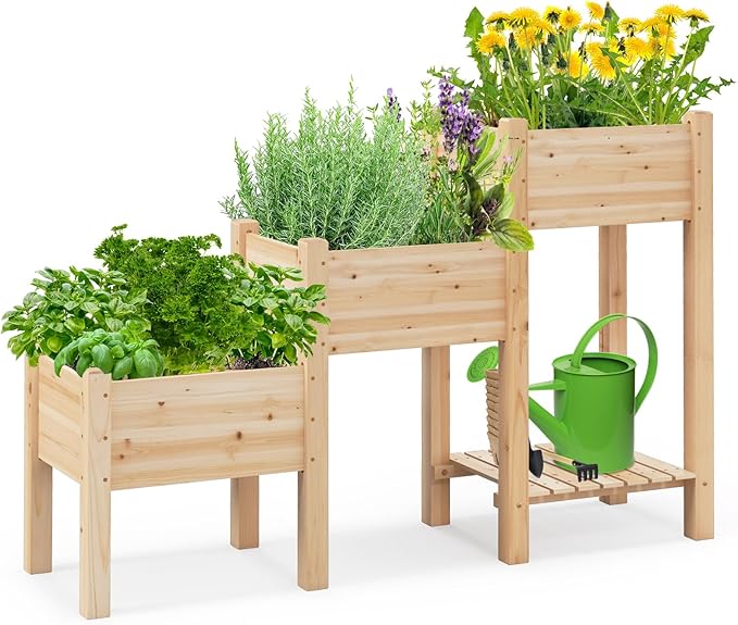 HAPPYGRILL 3-Tire Raised Garden Bed Wooden Raised Planter Box with 3 Planter Boxes Drainage Holes Open Storage Shelf Outdoor Garden Bed with Legs for Plant Fruit Vegetable Flower Herb