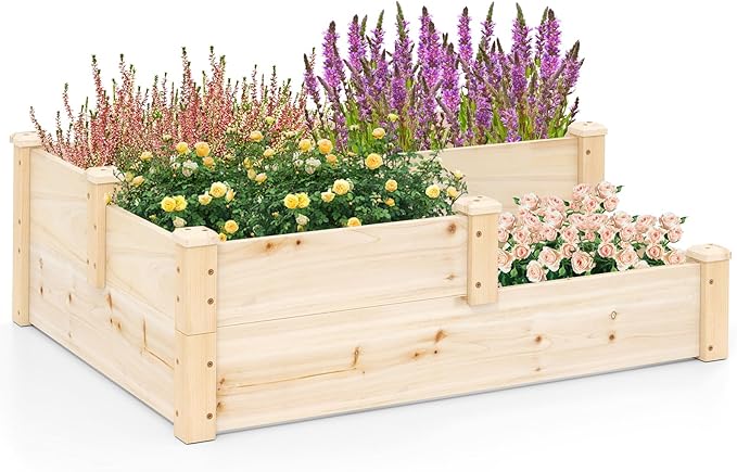 HAPPYGRILL 3-Tier Raised Garden Bed Wood Elevated Planter Box w/Open-Ended Base 3 Planting Depths&amp 2 Arrangement Options for Yard Lawn Outdoor Planter Raised Beds for Vegetables Herbs Fruits