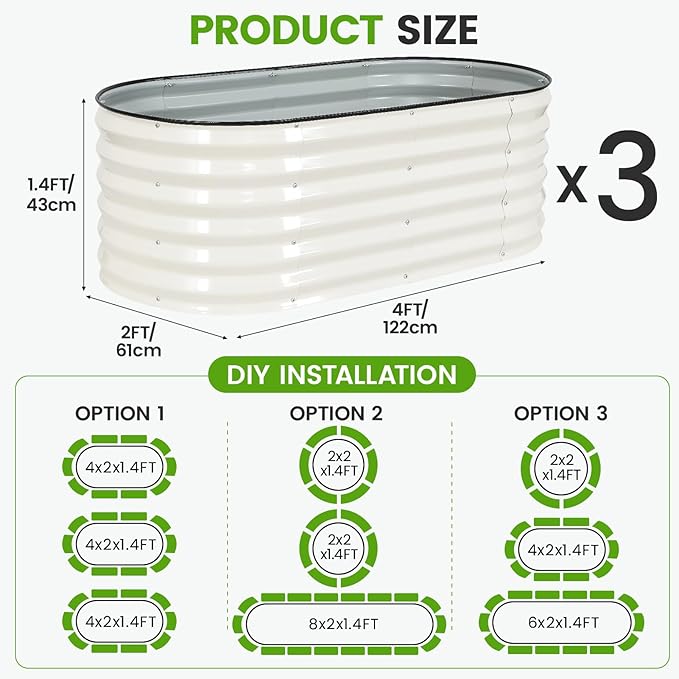 Galvanized Raised Garden Bed Outdoor |17'' Tall Planter Box Outdoor for Deep Root Plants | 3Pcs Raised Bed Kit for Gardening with Rubber Strip for Vegetables Flowers Fruits (White 4x2x1.4FT)