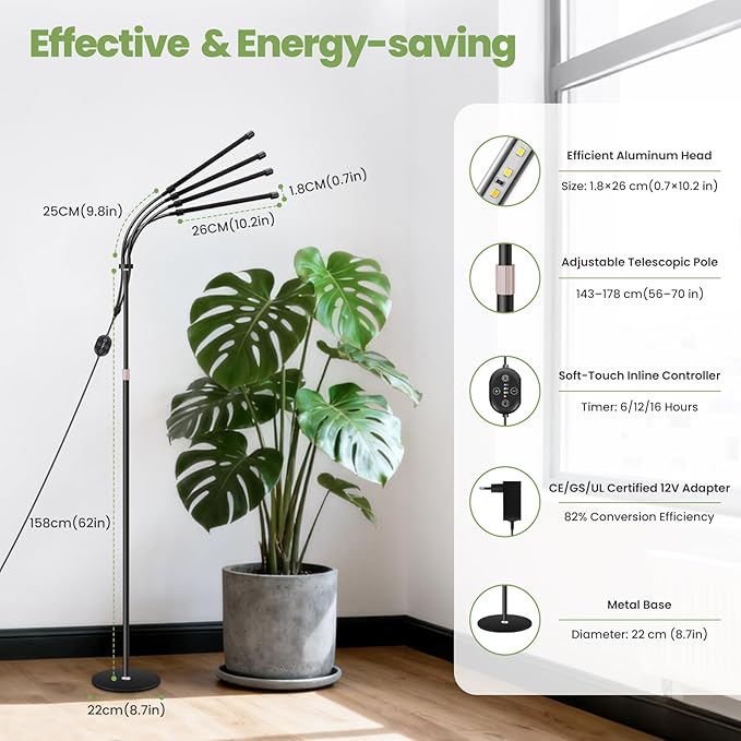 Floor Plant Grow Light 12V 660nm-Enhanced Full Spectrum LED Grow Lamp with Timer &amp Dimmable High PPFD 320 µmol/s/m²@6in 20W Plant Light for Indoor Growing E20-B