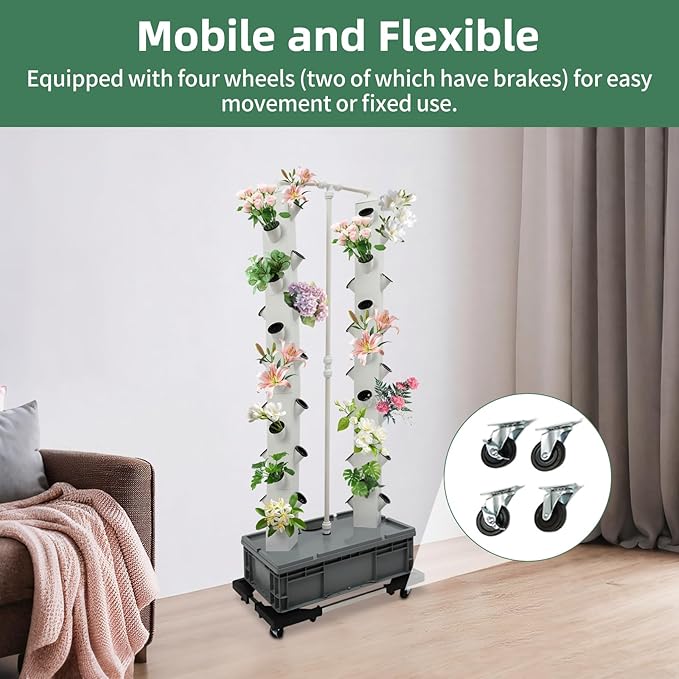Hydroponics Growing System Tower 56 Holes Vertical Garden Indoor 64 Tall Plant Growing Tower with Wheels Soilless NFT Hydroponic Grow Kit with Water Pump &amp Timer for Vegetables Lettuce Herbs