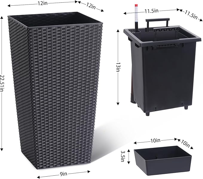 IDEALHOUSE 22.4 in Large Self-Watering Planters Set of 2 Tall Rattan Indoor Outdoor Planter Pots with Water Level Monitor Drainage Holes Inner Bucket &amp Hidden Pulley for Home Patio Balcony Bla