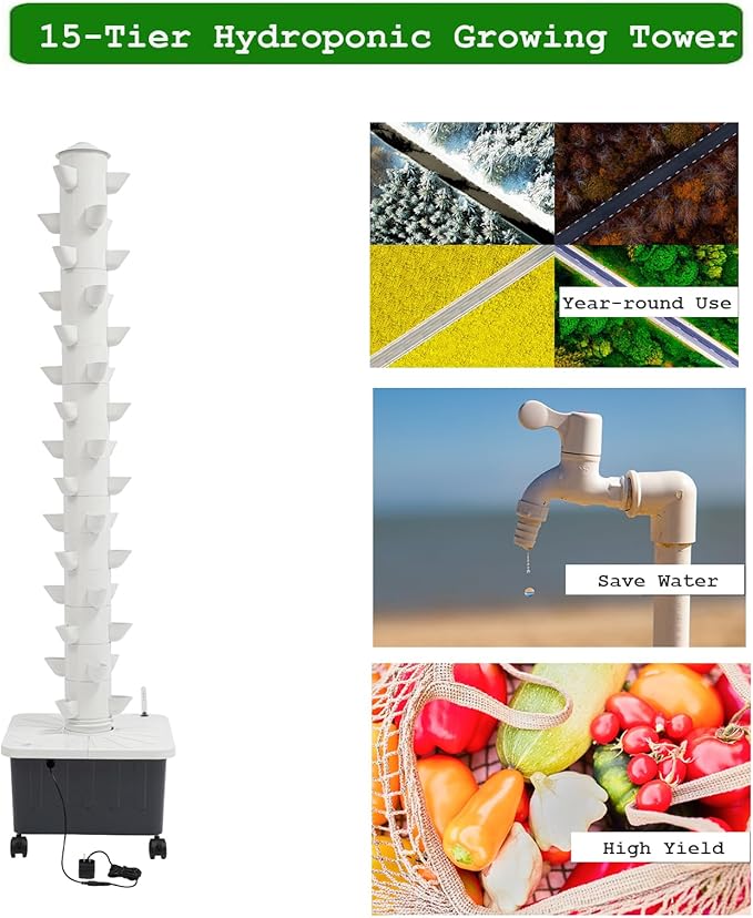 15-Tier Hydroponic Growing Tower 45-Plant Vertical Garden Kit with Water Pump Hydroponics Tower Growing System with 4 Wheels for Herbs Vegetables Strawberries (White)