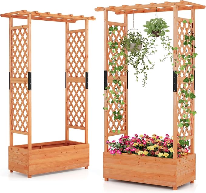 Moccha Raised Garden Bed with Trellis Set of 2 Wood Garden Planter with Hanging Roof Drainage Holes Freestanding Elevated Planter Box for Climbing Plants Vines Flowers 43.5 x 17.5 x 72