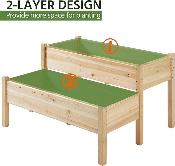 Topeakmart 2-Tier Elevated Stand Raised Bed Planting Planter Bed Box for Flower Vegetable Gardening Outdoor Wood