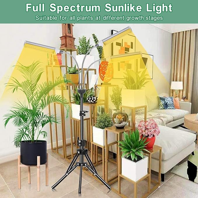 Plant Grow LightGrow Light for Indoor Plants with 20-60'' Height Adjustable- Full Spectrum Timer 3 Switch Modes Adjustable Tripod Stand &amp Gooseneck for Larger Plants (Tri Heads)