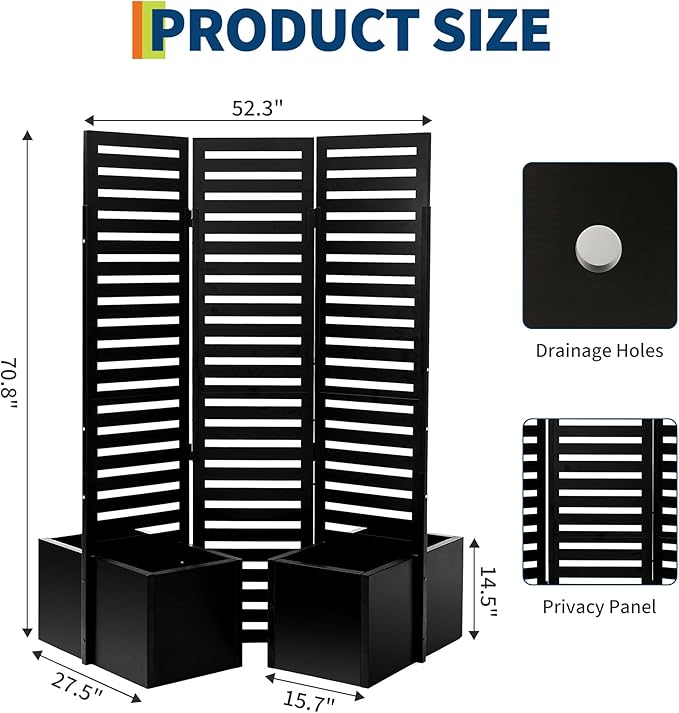 GarveeLife 52x70x28 Inch Privacy Screen with Planter Box Metal Garden Fence Panel 3-Panel Freestanding Outdoor Room Divider with 4 Self-Draining Raised Garden Beds for Patio Deck Yard