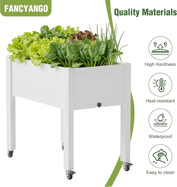 Raised Garden Bed with Legs 26.3 Tall Elevated Planter Box with Drainage Holes Water Gauge Lockable Wheels Weatherproof Resin Design for Vegetables and Flowers for Backyard Patio Balcony(White)