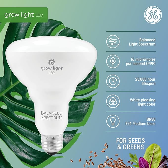 GE Grow Lights for Indoor Plants BR30 Indoor Floodlight LED Light Bulbs for Seeds and Greens with Balanced Spectrum 25000 Hours Lifespan 16 PPF 2 Pack (Packaging May Vary)