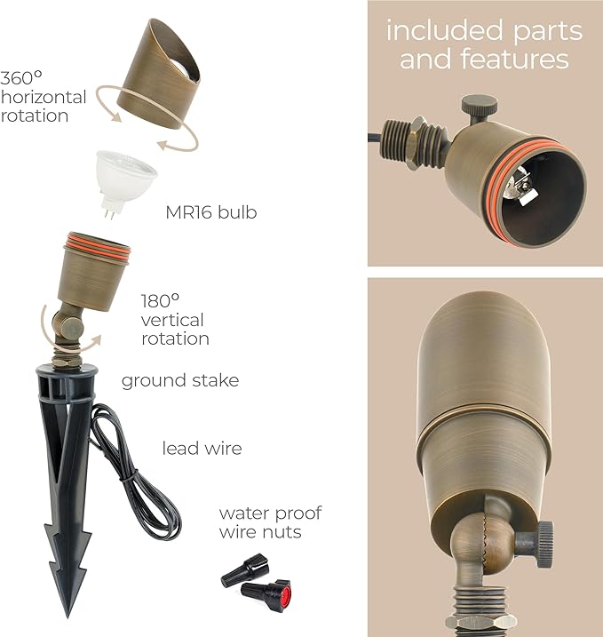 Amped Landscape Lighting 12V Accent Spot Light with MR16 Socket in Aged Brass Solid Copper Enhanced Protection for Coastal Environments